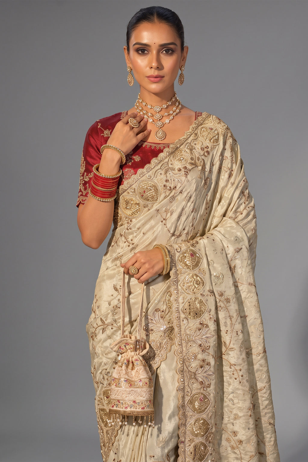 Cream Kanjivaram Zarkan & Cutdana Embroidered Saree