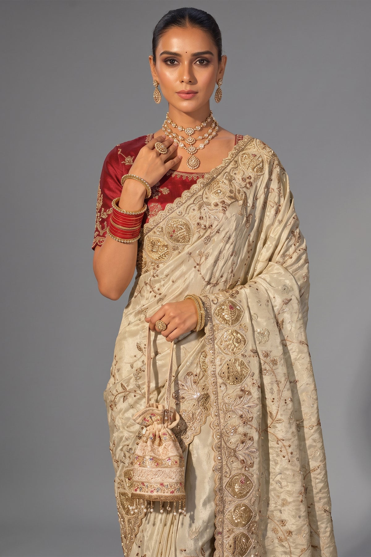 Cream Kanjivaram Zarkan & Cutdana Embroidered Saree