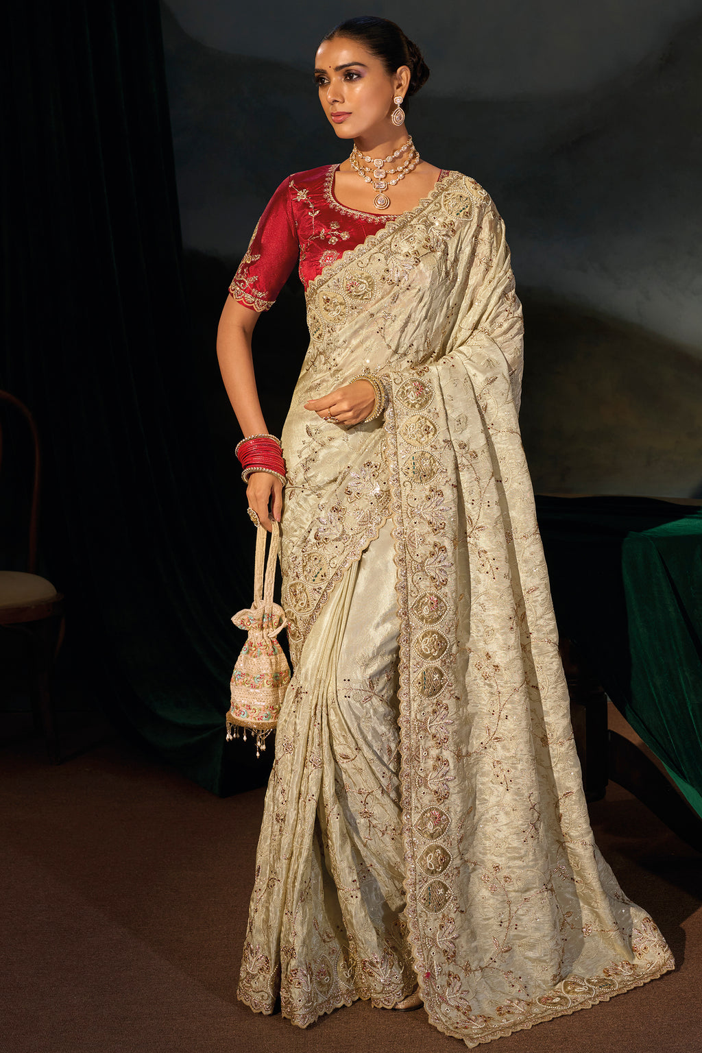 Cream Kanjivaram Zarkan & Cutdana Embroidered Saree