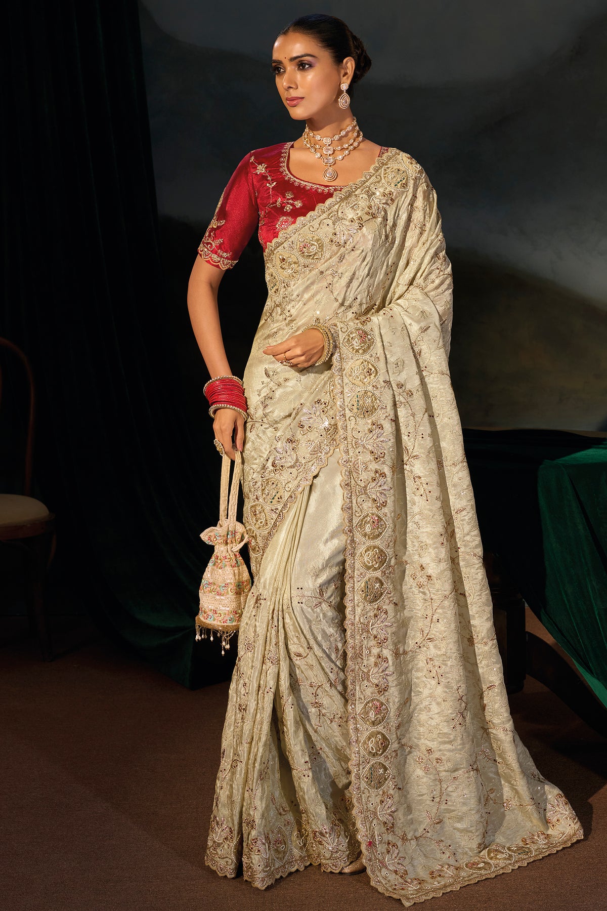 Cream Kanjivaram Zarkan & Cutdana Embroidered Saree