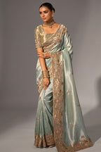 Pista Green Madhurai Silk Saree featuring Ornate Zardosi & Cutdana Hand Art
