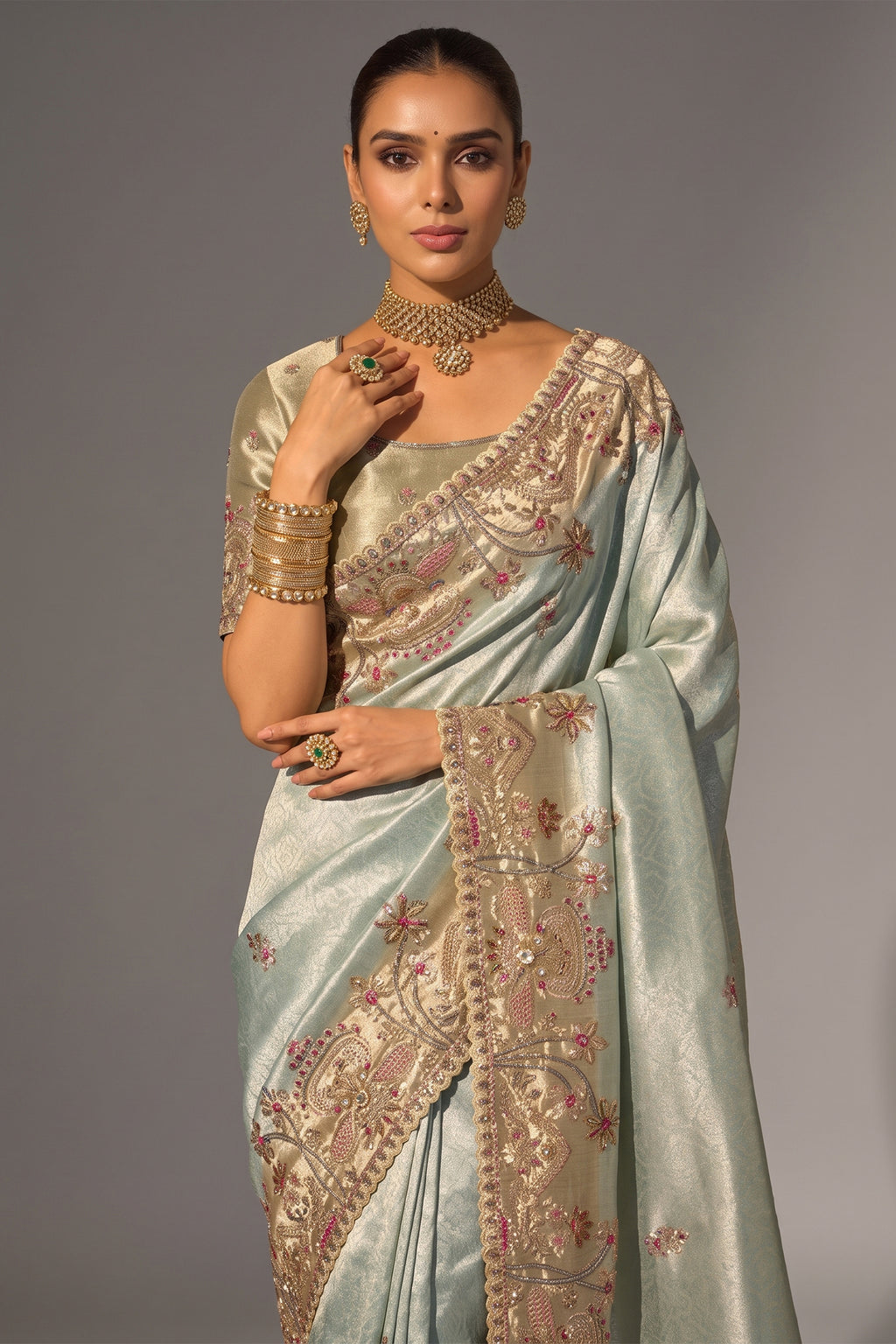 Pista Green Madhurai Silk Saree featuring Ornate Zardosi & Cutdana Hand Art