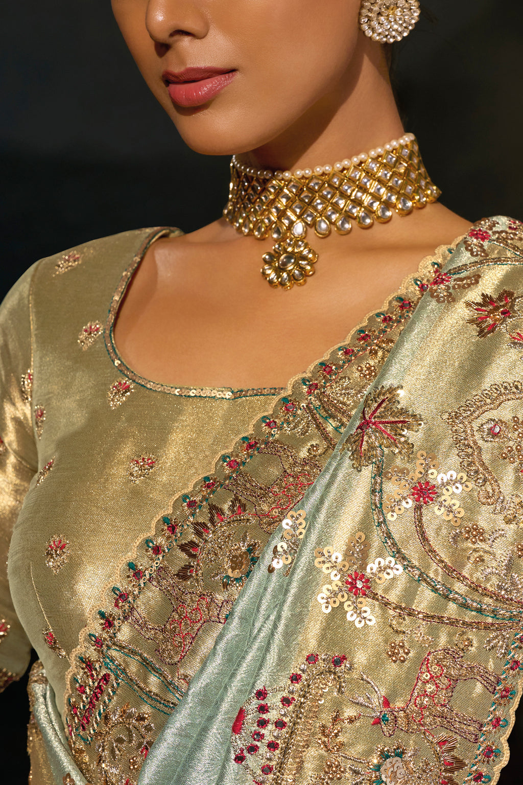 Pista Green Madhurai Silk Saree featuring Ornate Zardosi & Cutdana Hand Art