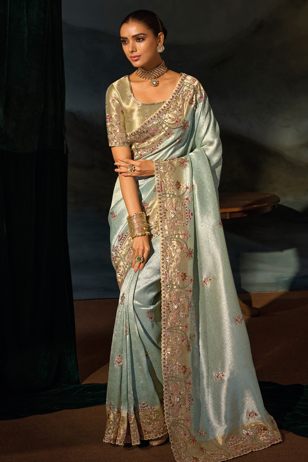 Pista Green Madhurai Silk Saree featuring Ornate Zardosi & Cutdana Hand Art