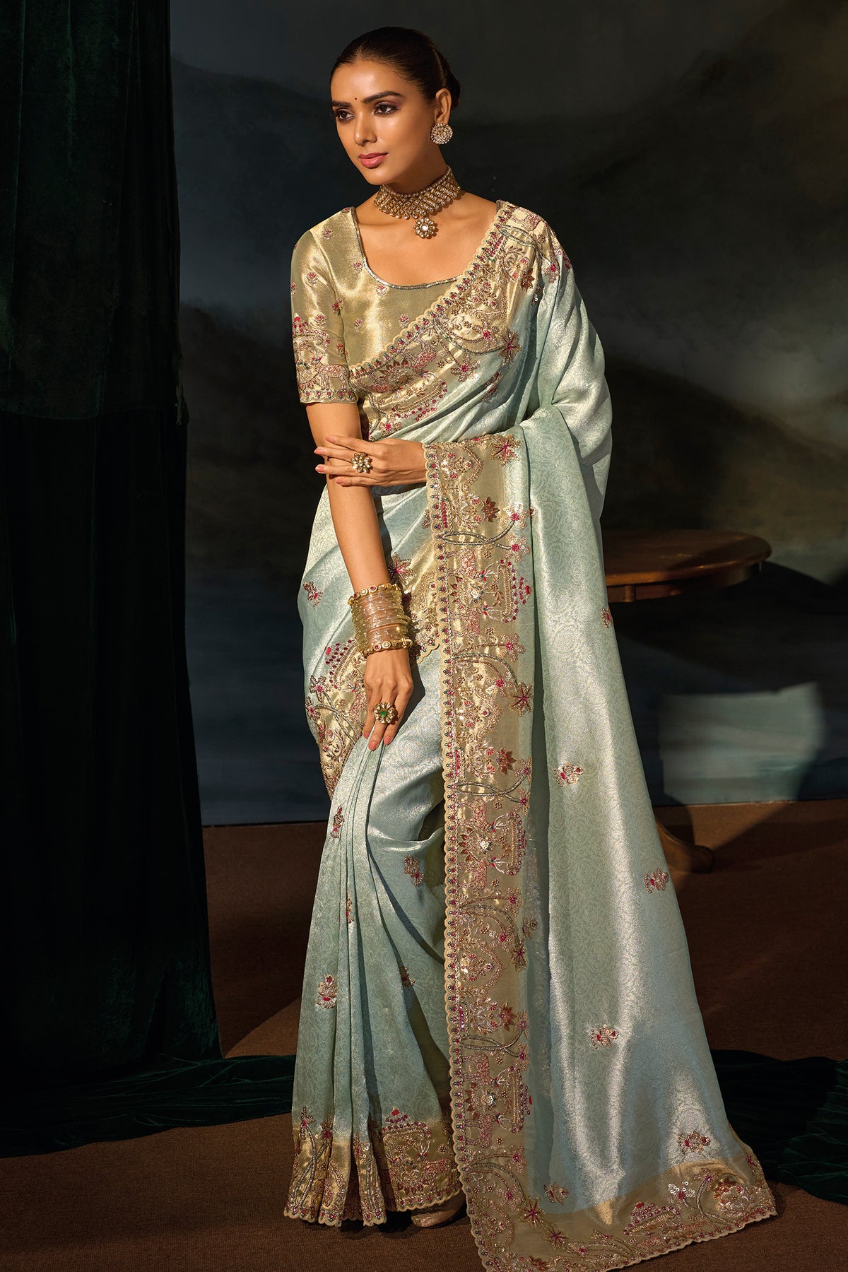 Pista Green Madhurai Silk Saree featuring Ornate Zardosi & Cutdana Hand Art