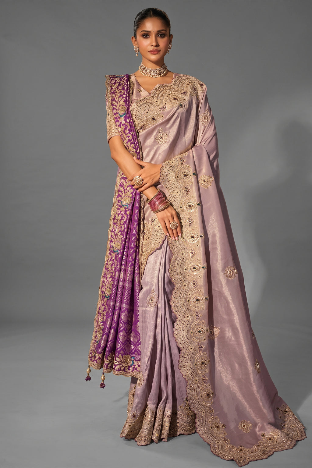 Rose Gold Tanchoi Silk Emerald & Moti Work Saree with Dupatta