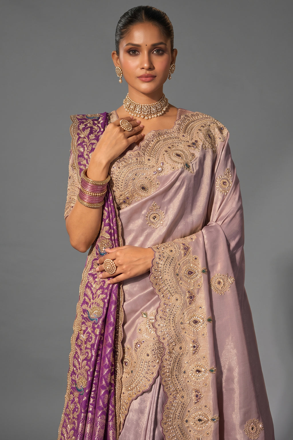 Rose Gold Tanchoi Silk Emerald & Moti Work Saree with Dupatta