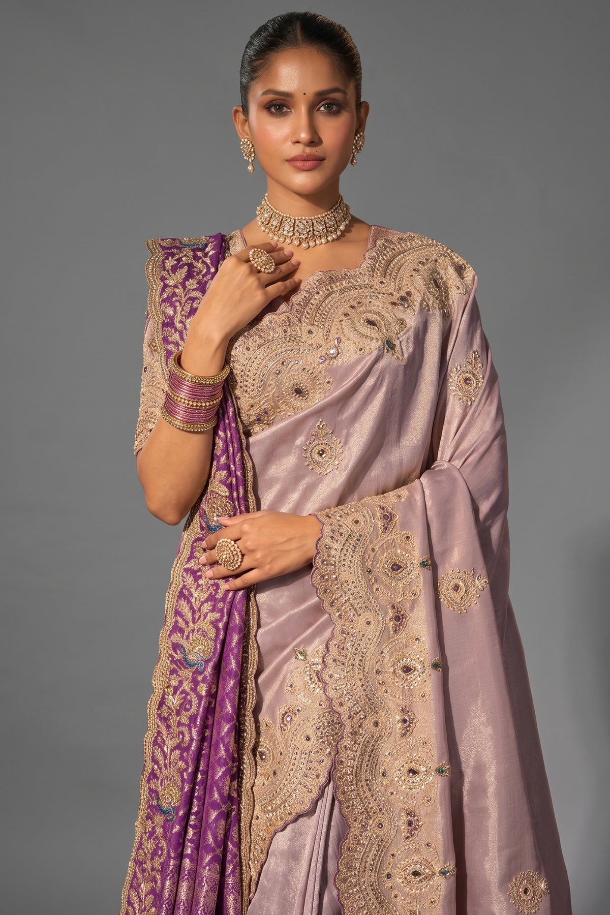 Rose Gold Tanchoi Silk Emerald & Moti Work Saree with Dupatta