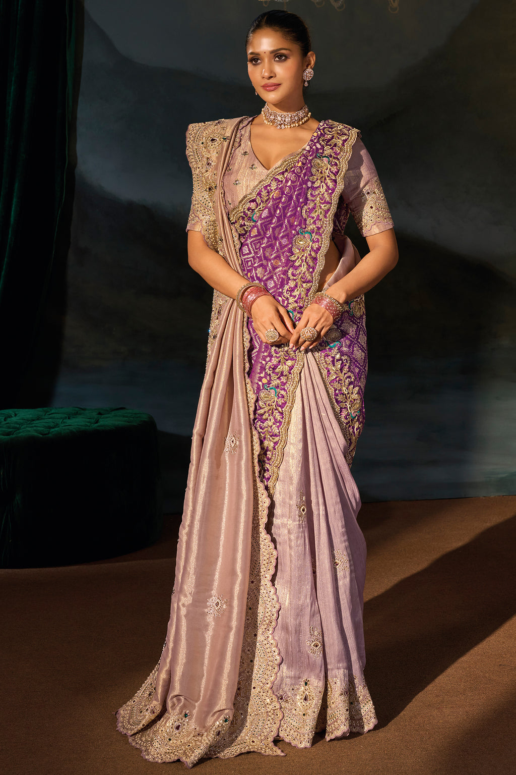 Rose Gold Tanchoi Silk Emerald & Moti Work Saree with Dupatta