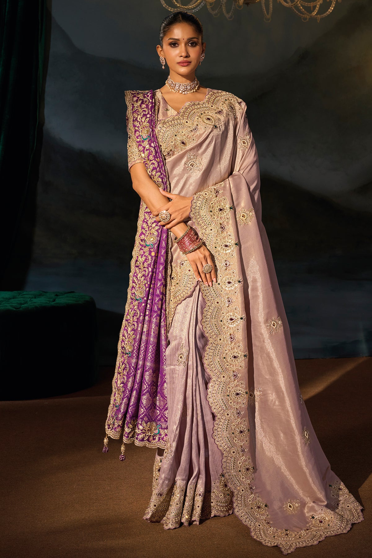 Rose Gold Tanchoi Silk Emerald & Moti Work Saree with Dupatta