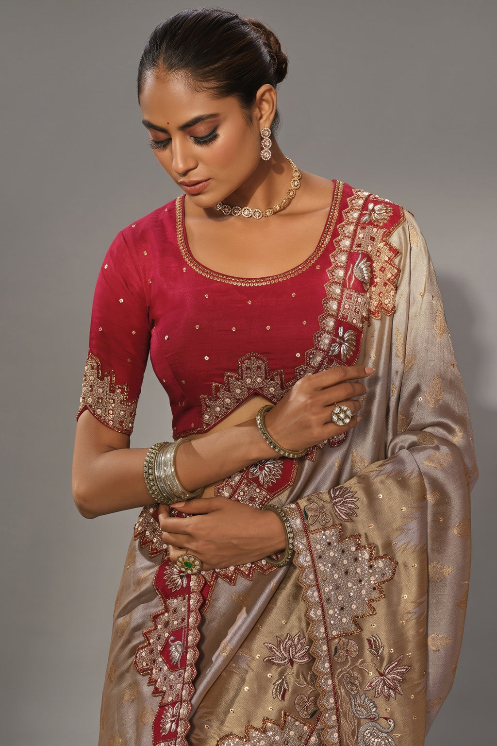 Chiku Tanchoi Silk Cutdana & Moti Hand Work Saree