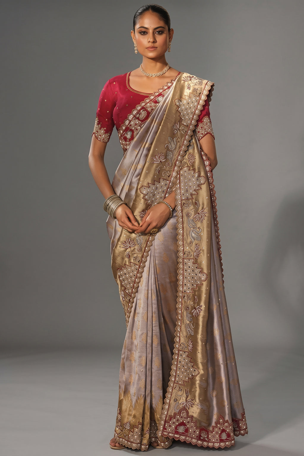 Chiku Tanchoi Silk Cutdana & Moti Hand Work Saree