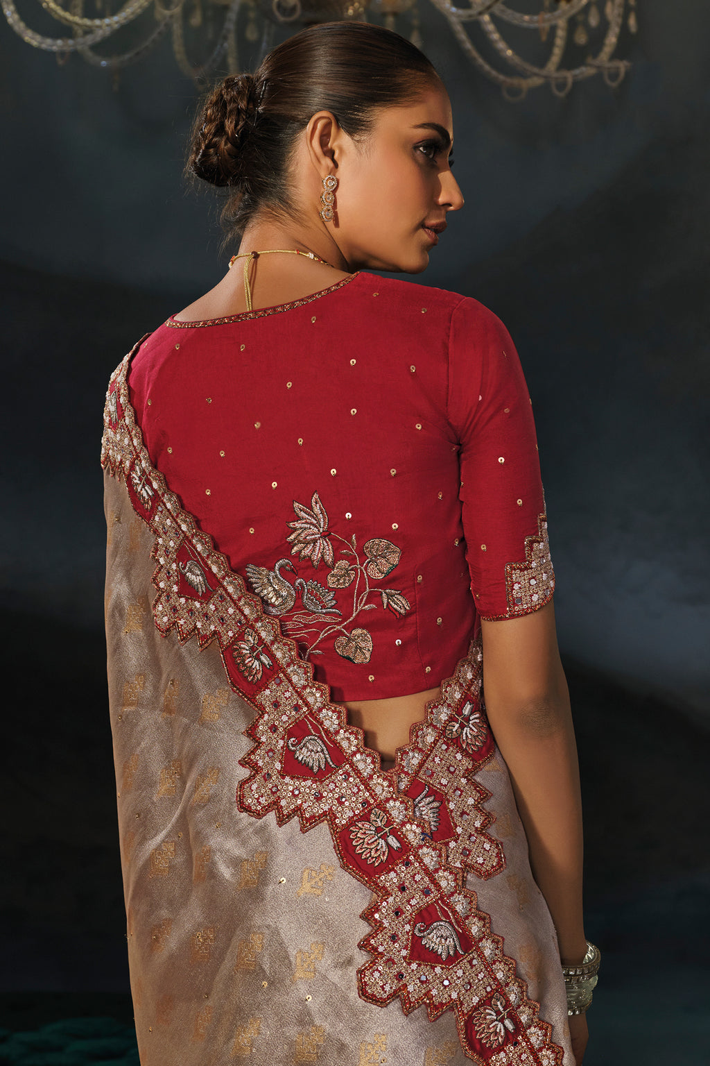 Chiku Tanchoi Silk Cutdana & Moti Hand Work Saree