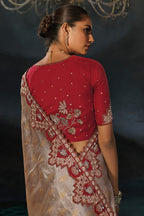 Chiku Tanchoi Silk Cutdana & Moti Hand Work Saree