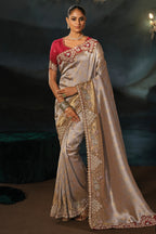 Chiku Tanchoi Silk Cutdana & Moti Hand Work Saree