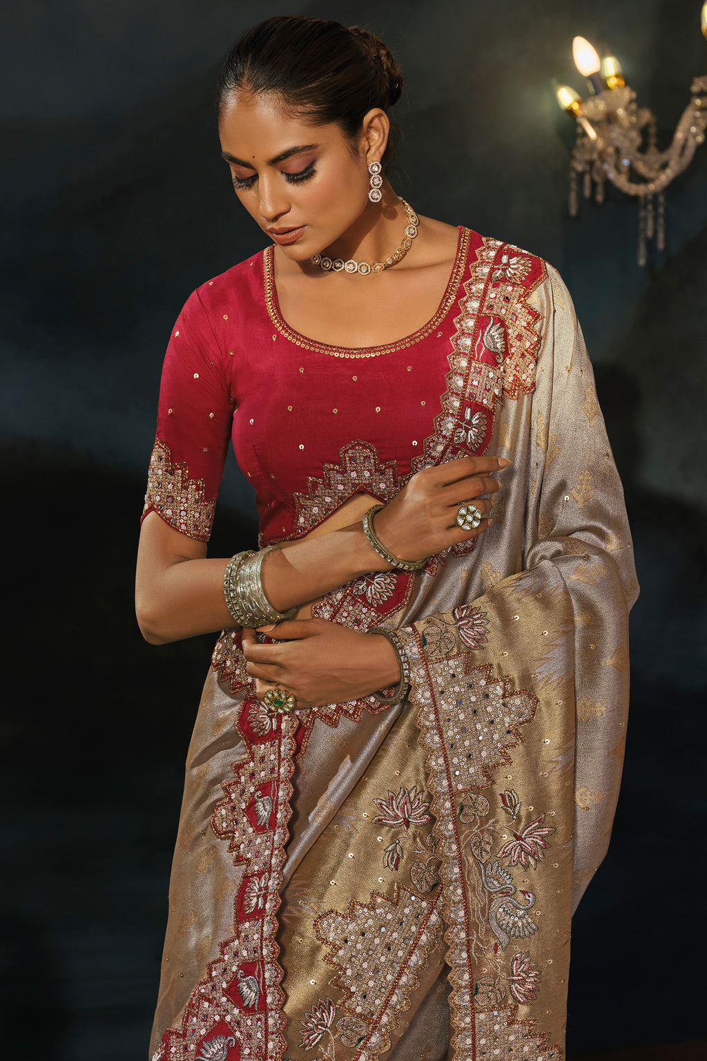 Chiku Tanchoi Silk Cutdana & Moti Hand Work Saree