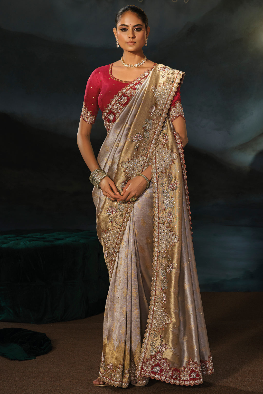 Chiku Tanchoi Silk Cutdana & Moti Hand Work Saree