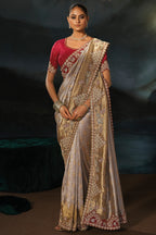 Chiku Tanchoi Silk Cutdana & Moti Hand Work Saree