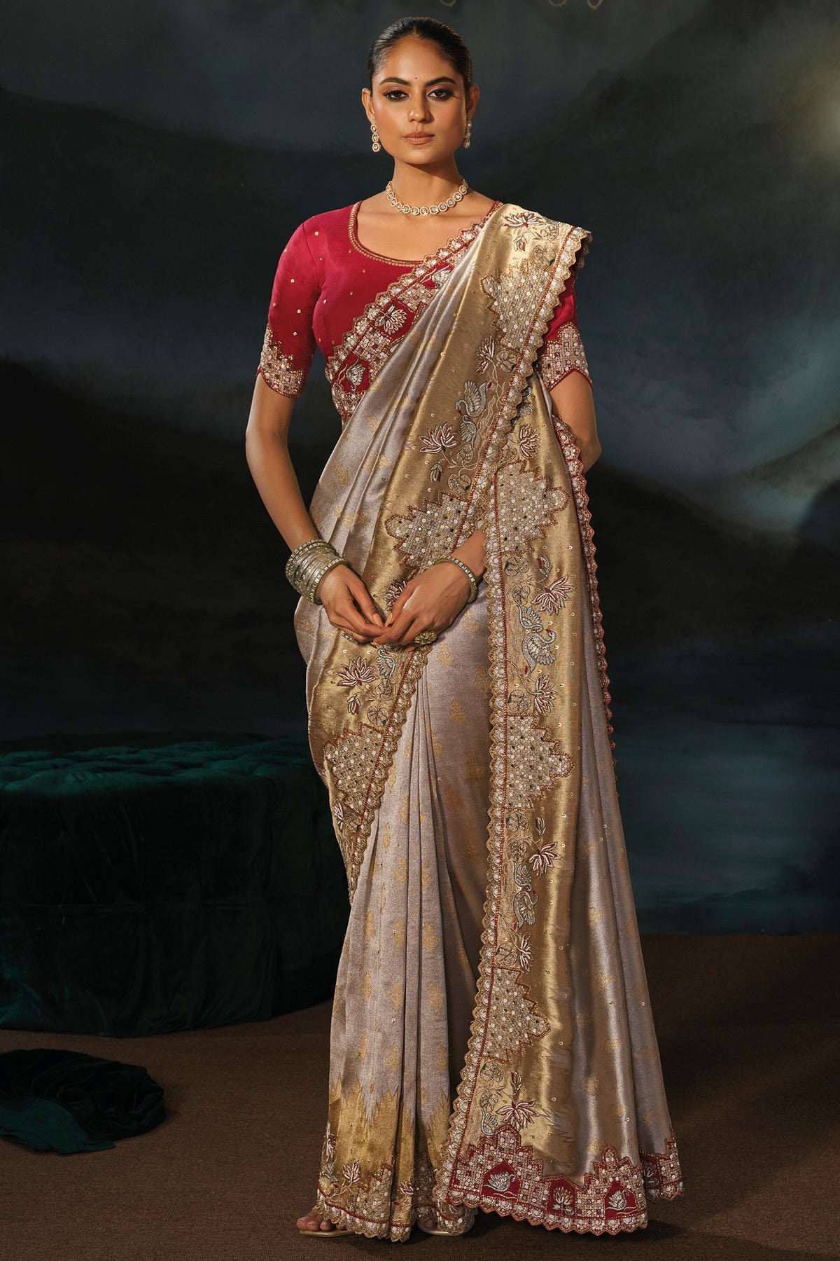 Chiku Tanchoi Silk Cutdana & Moti Hand Work Saree