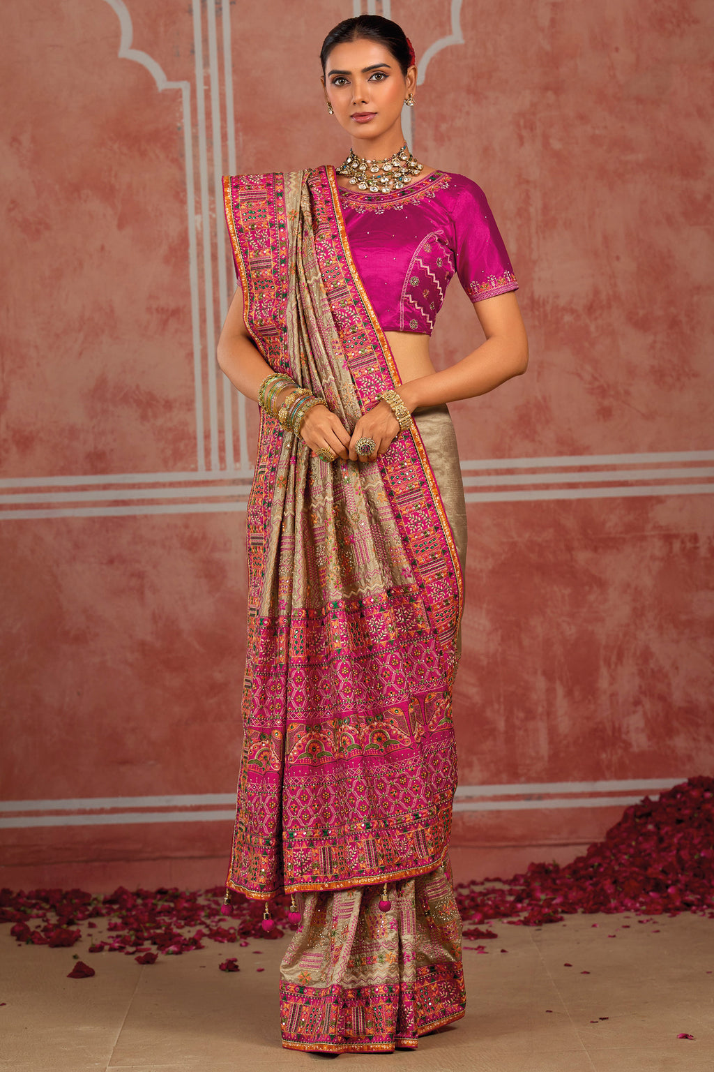 Beige Silk Kachhi Work Saree with Diamond & Heavy Mirror Work