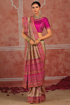 Beige Silk Kachhi Work Saree with Diamond & Heavy Mirror Work