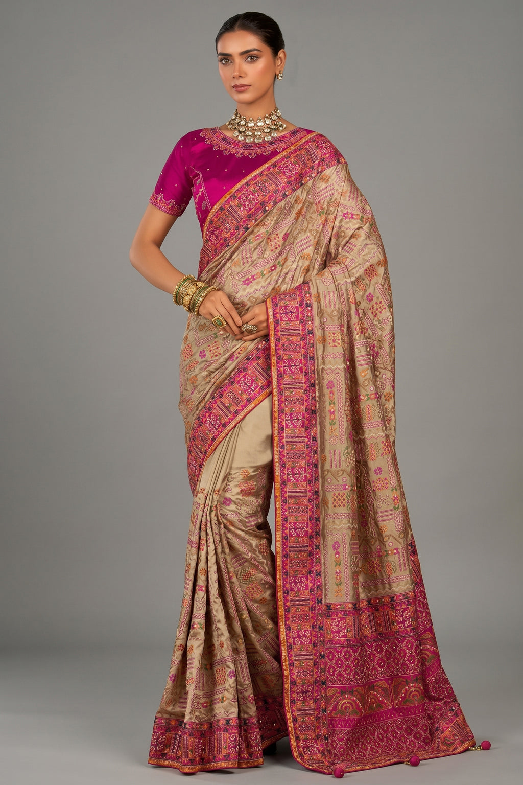Beige Silk Kachhi Work Saree with Diamond & Heavy Mirror Work