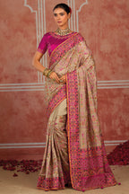 Beige Silk Kachhi Work Saree with Diamond & Heavy Mirror Work