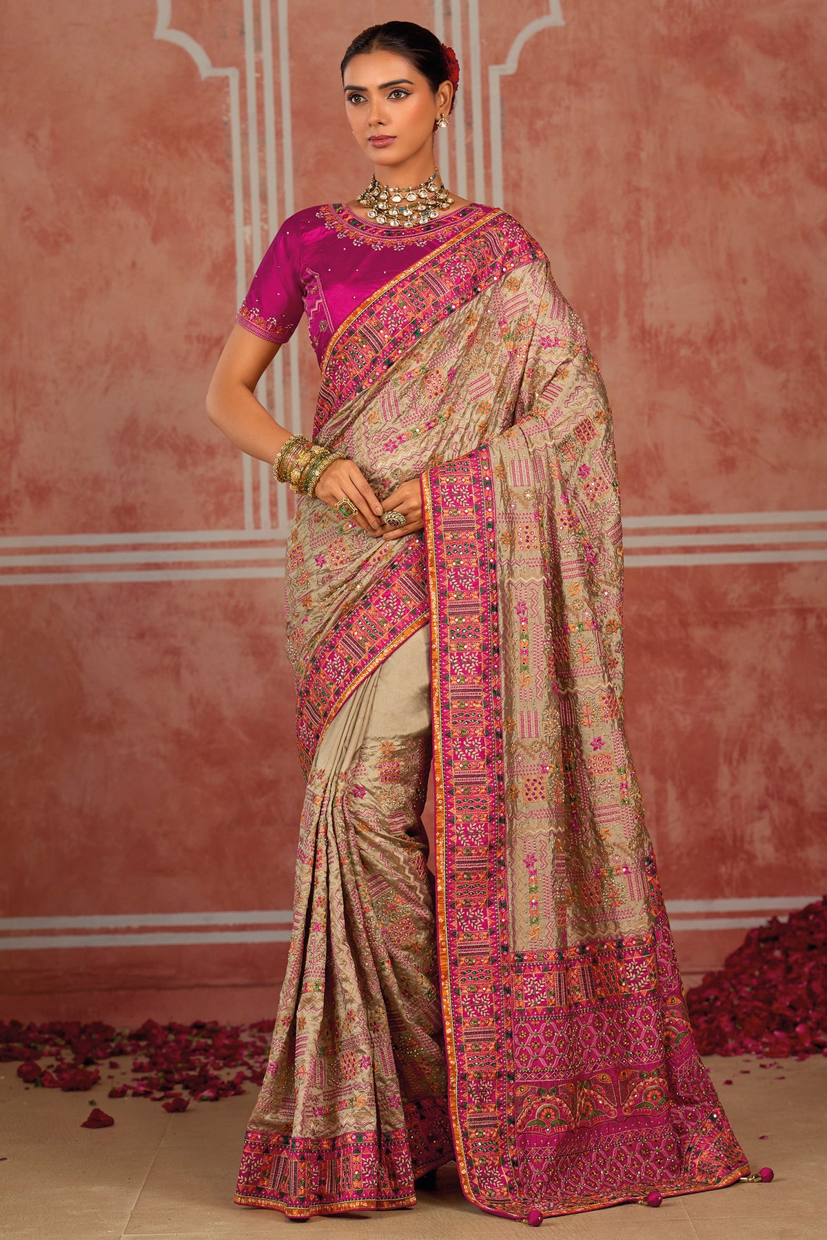 Beige Silk Kachhi Work Saree with Diamond & Heavy Mirror Work