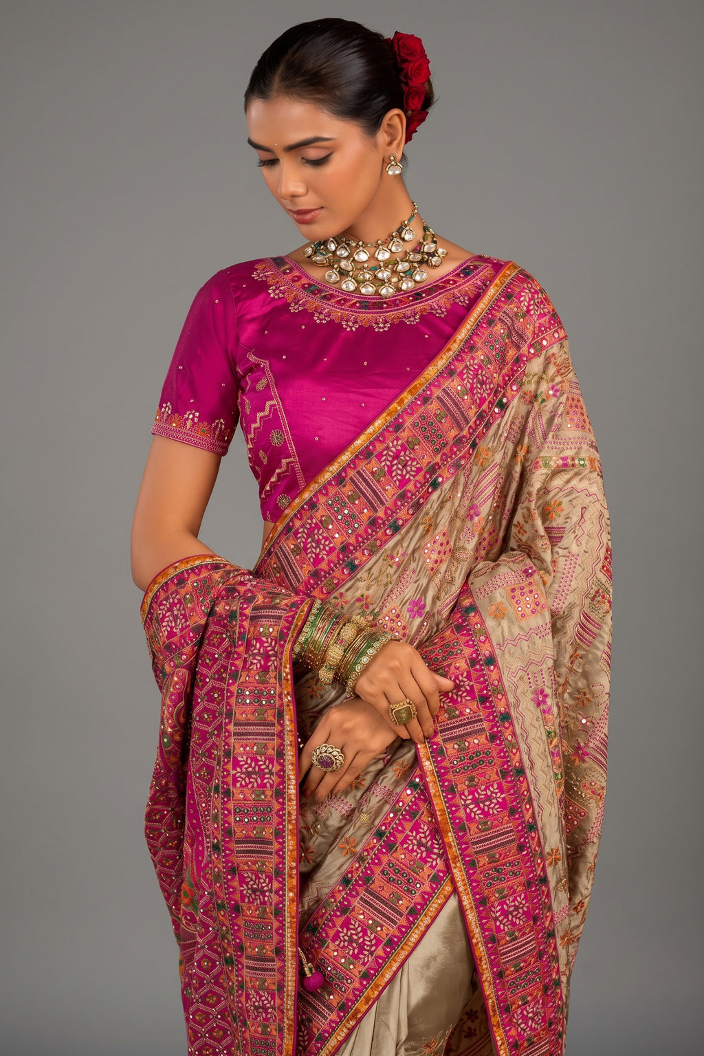 Beige Silk Kachhi Work Saree with Diamond & Heavy Mirror Work