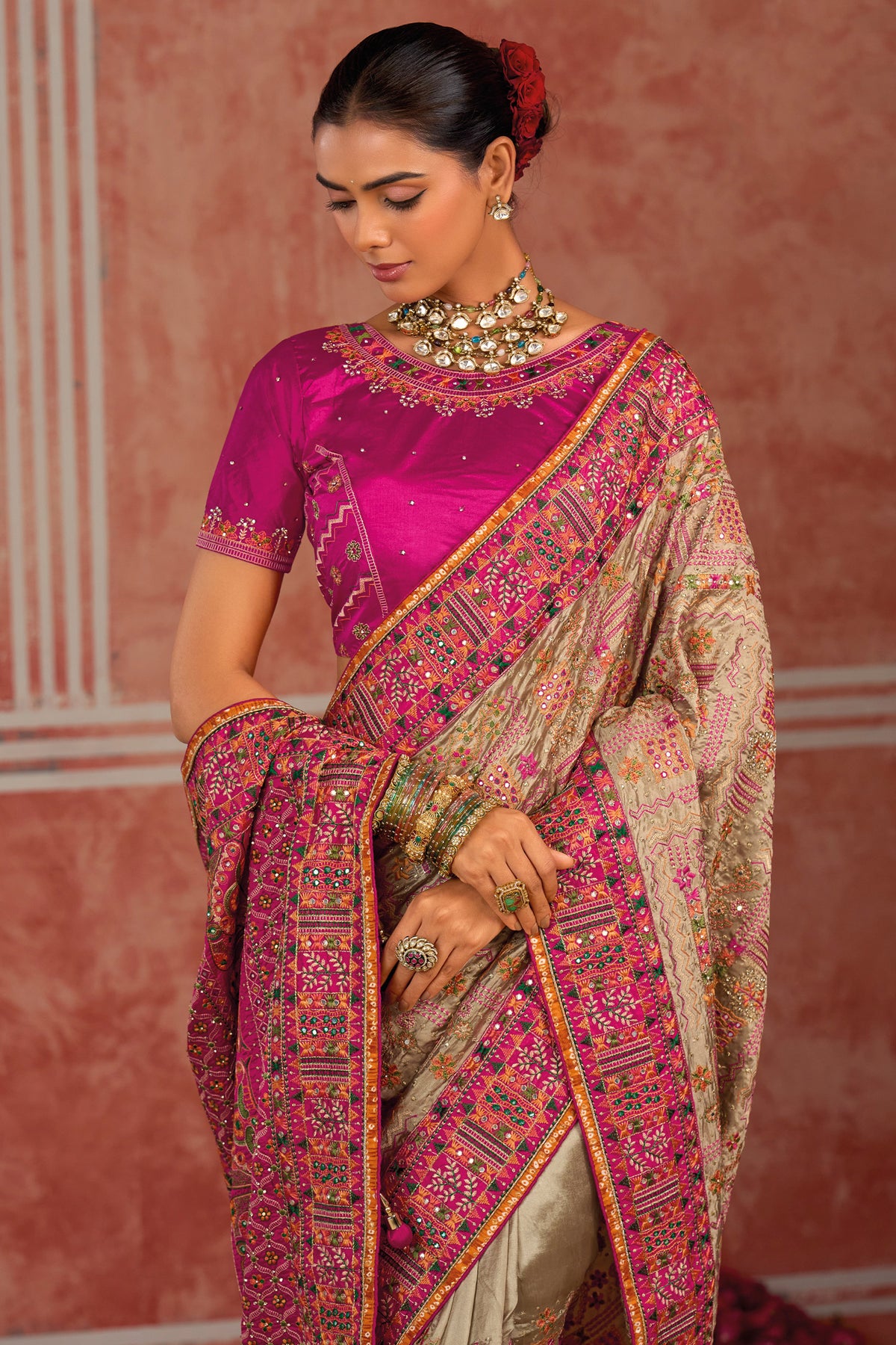 Beige Silk Kachhi Work Saree with Diamond & Heavy Mirror Work
