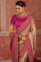 Beige Silk Kachhi Work Saree with Diamond & Heavy Mirror Work