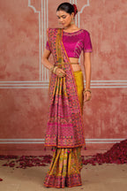 Mustard Shana Silk Saree with Traditional Kachhi Embroidery & Mirror Work