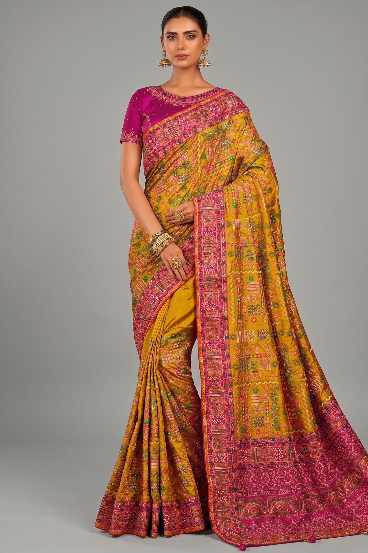 Mustard Shana Silk Saree with Traditional Kachhi Embroidery & Mirror Work