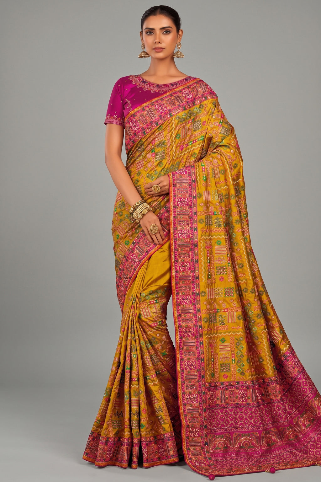 Mustard Shana Silk Saree with Traditional Kachhi Embroidery & Mirror Work
