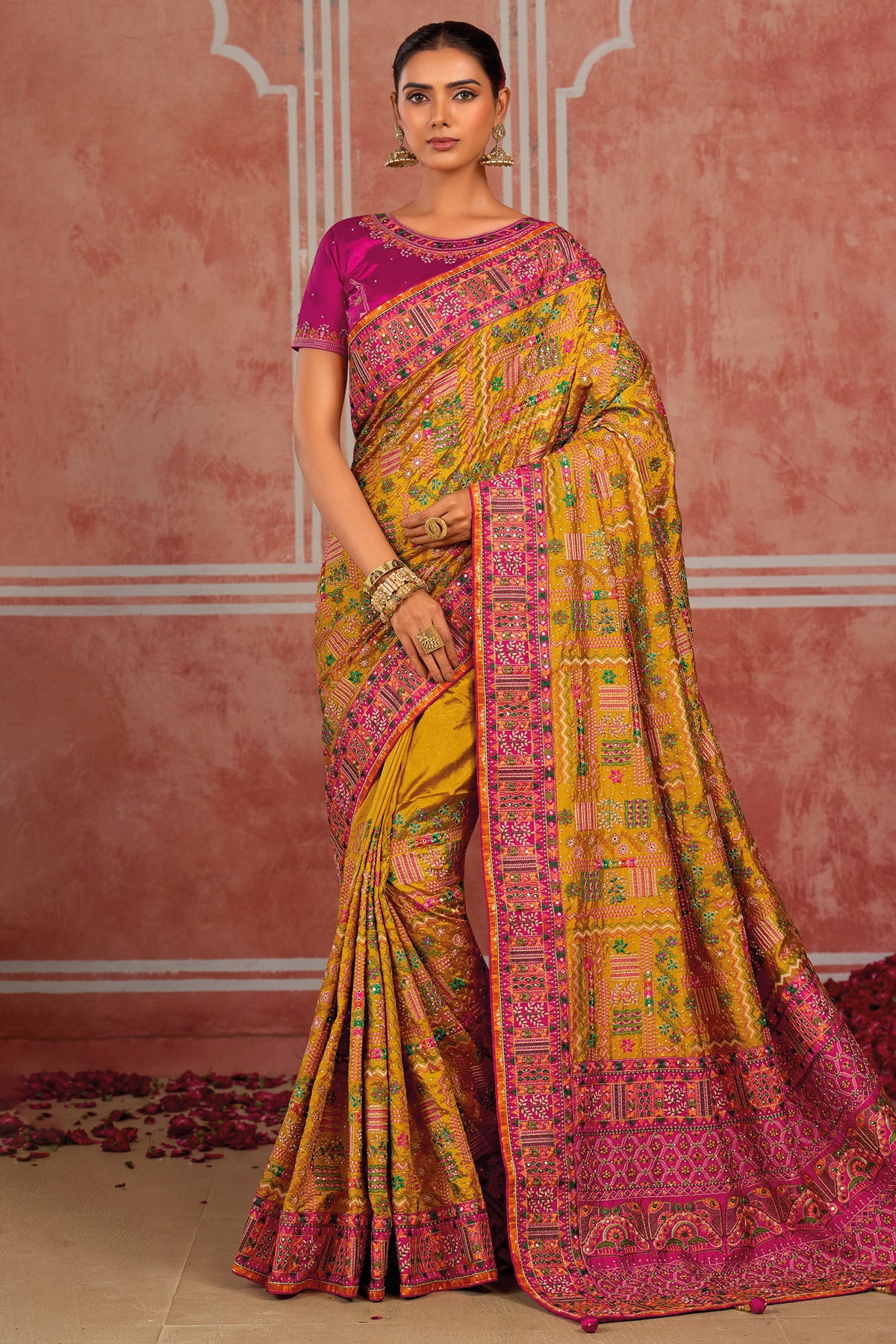 Mustard Shana Silk Saree with Traditional Kachhi Embroidery & Mirror Work