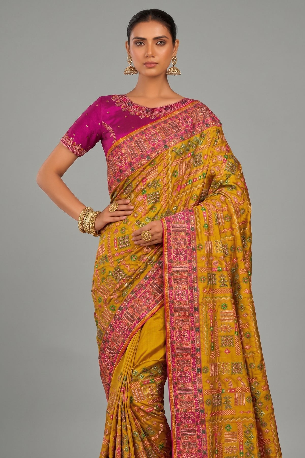 Mustard Shana Silk Saree with Traditional Kachhi Embroidery & Mirror Work