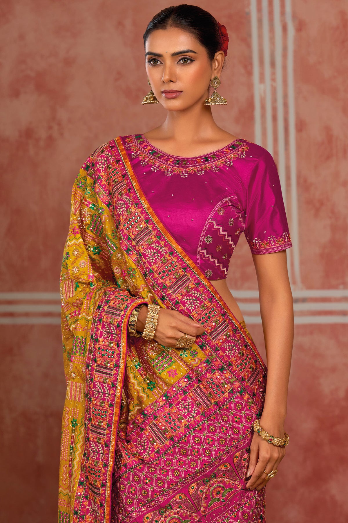 Mustard Shana Silk Saree with Traditional Kachhi Embroidery & Mirror Work