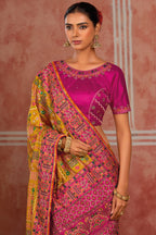 Mustard Shana Silk Saree with Traditional Kachhi Embroidery & Mirror Work