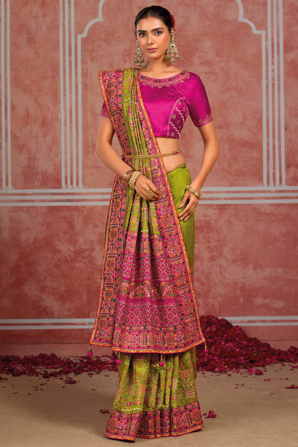 Parrot Green Shana Silk Kachhi & Mirror Handwork Saree