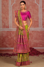 Parrot Green Shana Silk Kachhi & Mirror Handwork Saree