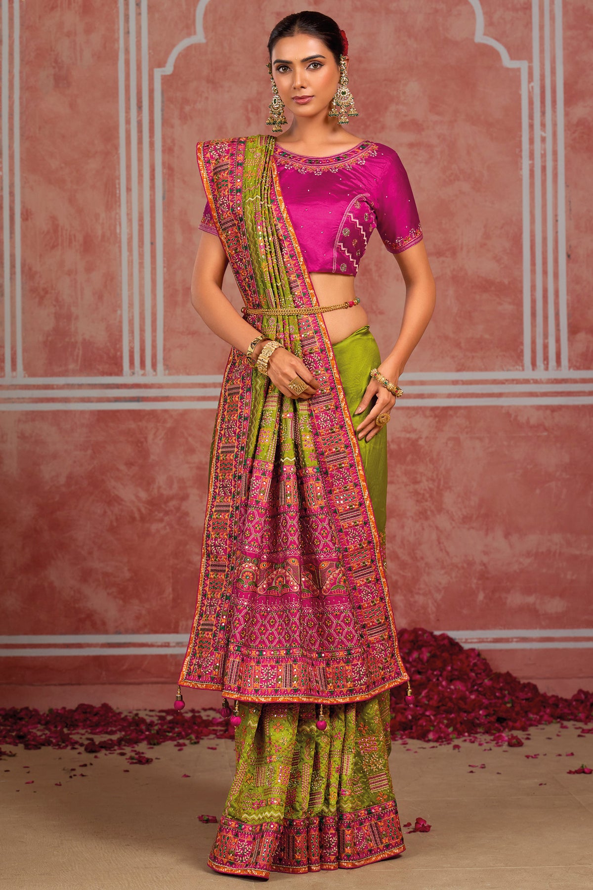 Parrot Green Shana Silk Kachhi & Mirror Handwork Saree