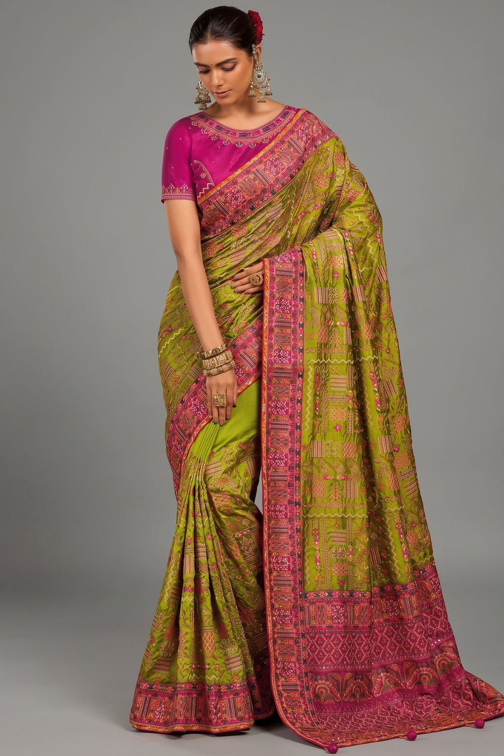 Parrot Green Shana Silk Kachhi & Mirror Handwork Saree
