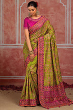 Parrot Green Shana Silk Kachhi & Mirror Handwork Saree