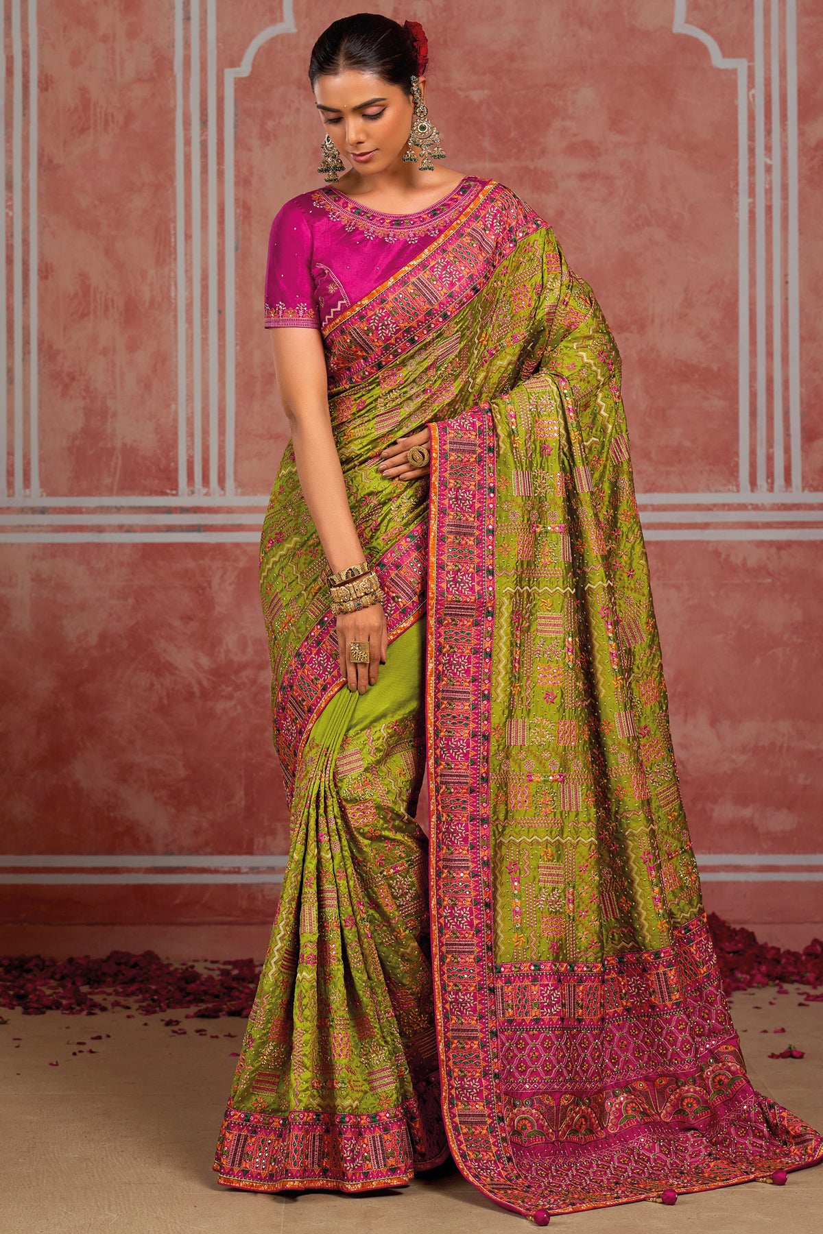Parrot Green Shana Silk Kachhi & Mirror Handwork Saree