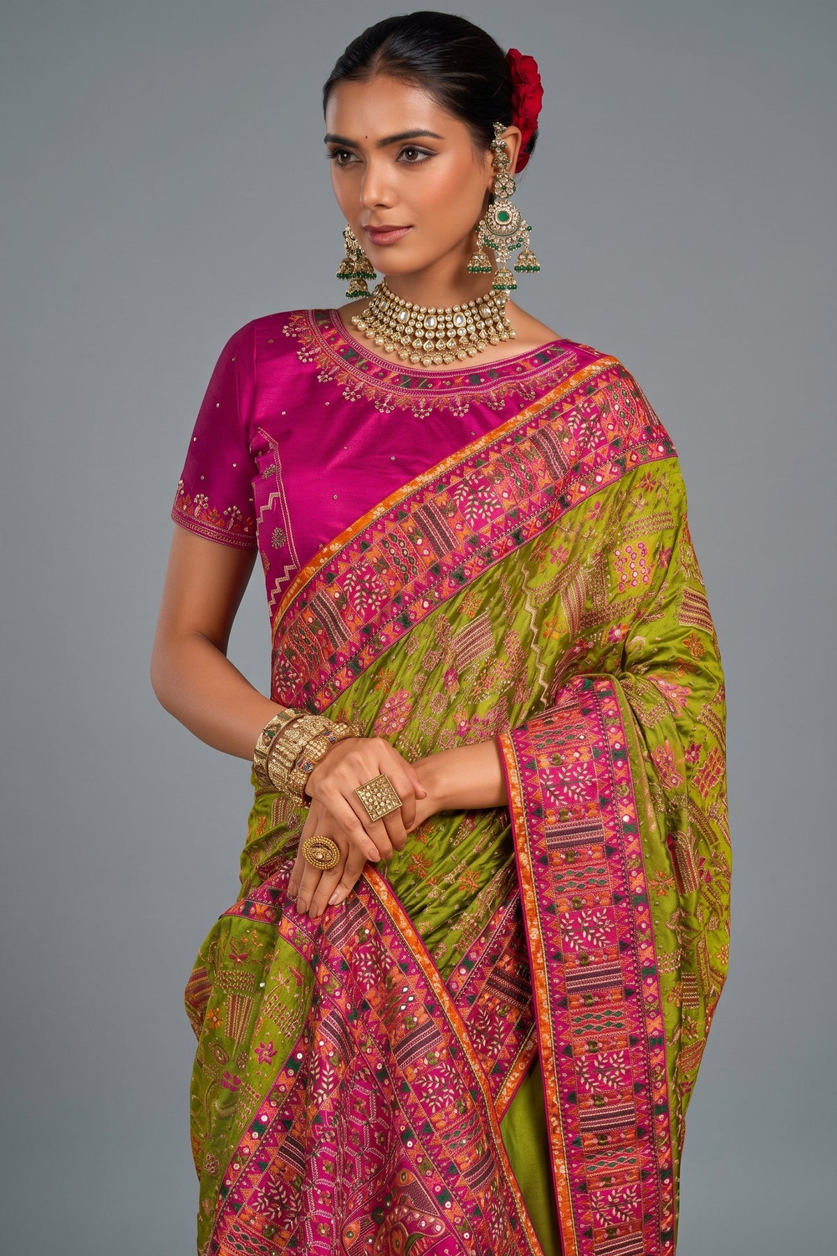 Parrot Green Shana Silk Kachhi & Mirror Handwork Saree