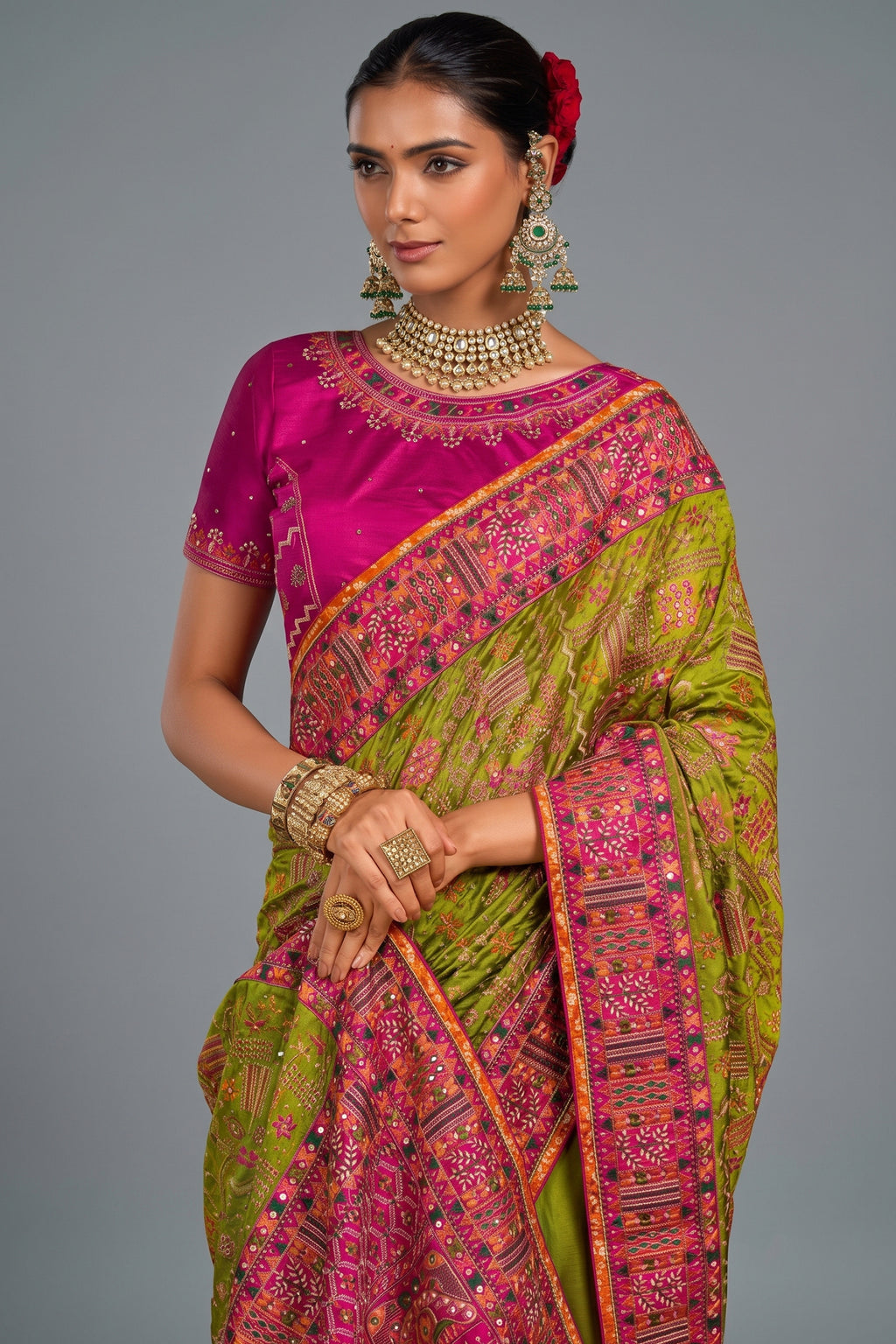 Parrot Green Shana Silk Kachhi & Mirror Handwork Saree