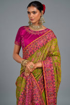 Parrot Green Shana Silk Kachhi & Mirror Handwork Saree