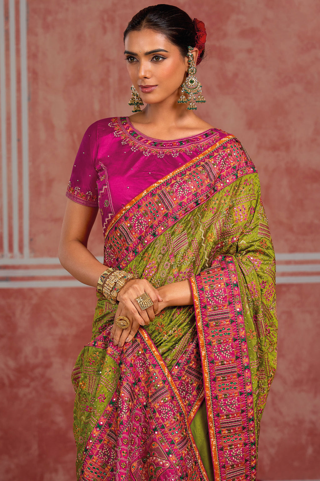 Parrot Green Shana Silk Kachhi & Mirror Handwork Saree