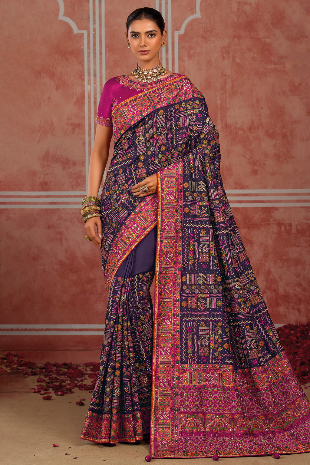 Deep Purple Shana Silk Saree Traditional Kachhi Artistry with Sparkling Diamonds