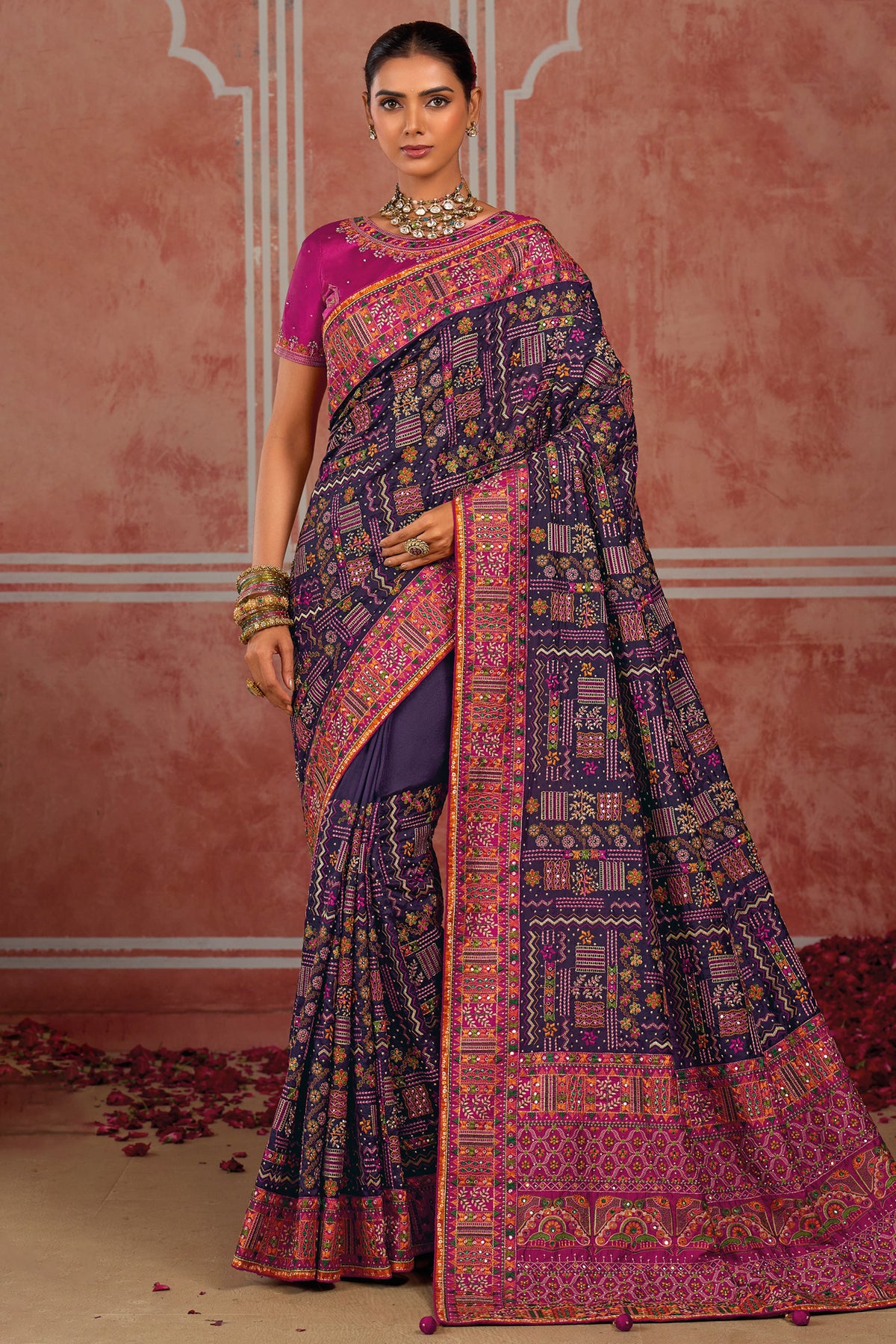 Deep Purple Shana Silk Saree Traditional Kachhi Artistry with Sparkling Diamonds